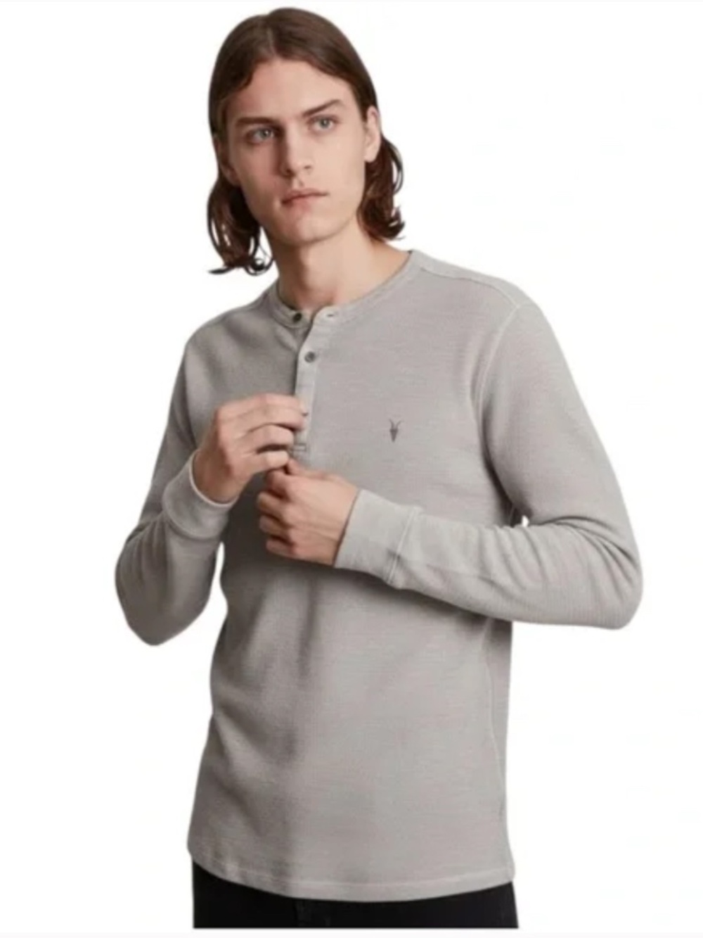 AllSaints Muse Long Sleeve Henley Shirt Light Gray Slub Knit Cotton Men’s in XXL
